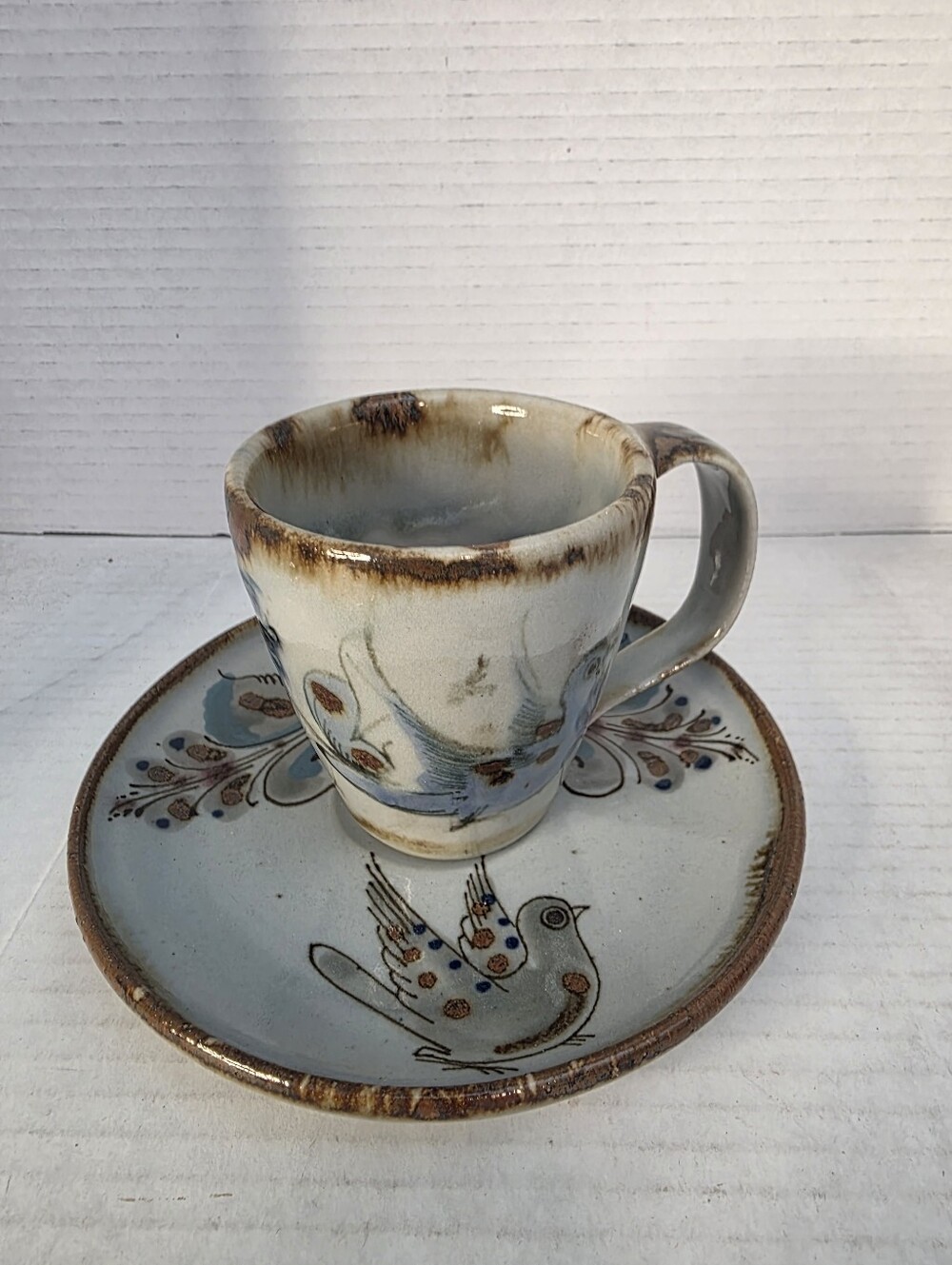 Tonala Pottery Ken Edwards El Palomar Tea Cup & Saucer Set Blue Swan & Bird
